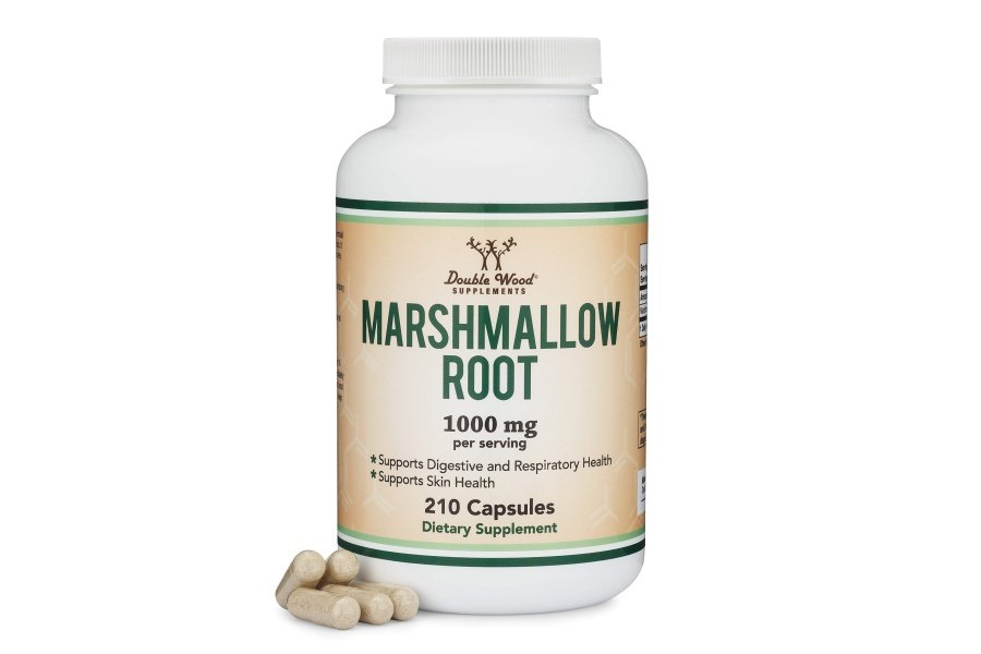 Cápsulas de raíz de malvavisco (210 unidades, 1000 mg por porción) con alto contenido de mucílago para favorecer la reparación respiratoria, de la piel y los intestinos (seguras para veganos, sin gluten) de Double Wood