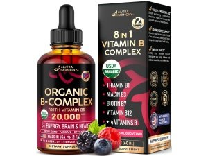 Complejo de vitamina B orgánico USDA Ácido pantoténico B5 | B12 Metilcobalamina | B1 tiamina | B6 Piridoxina | B7 Biotina | B9 Fólico | B3 Niacinamida - Gotas líquidas de complejo B, suplemento fabricado en EE. UU., 2 fl oz