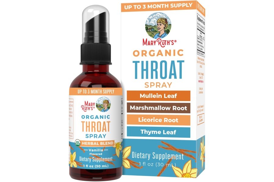 Spray para la garganta orgánico USDA con hoja de gordolobo de MaryRuth's | Raíz de malvavisco, raíz de regaliz y hoja de tomillo | Vainilla | 4 mezclas de hierbas | Sin OGM | Vegano | Sin gluten | 1 onza líquida | Hasta 100 porciones