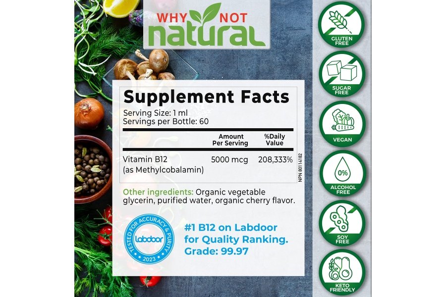 Why Not Natural Organic Vitamin B12 Liquid - Sublingual Extra Strength 60 x 5000 mcg Gotas de metilcobalamina, vegano, maximiza la absorción y la energía - Image 2