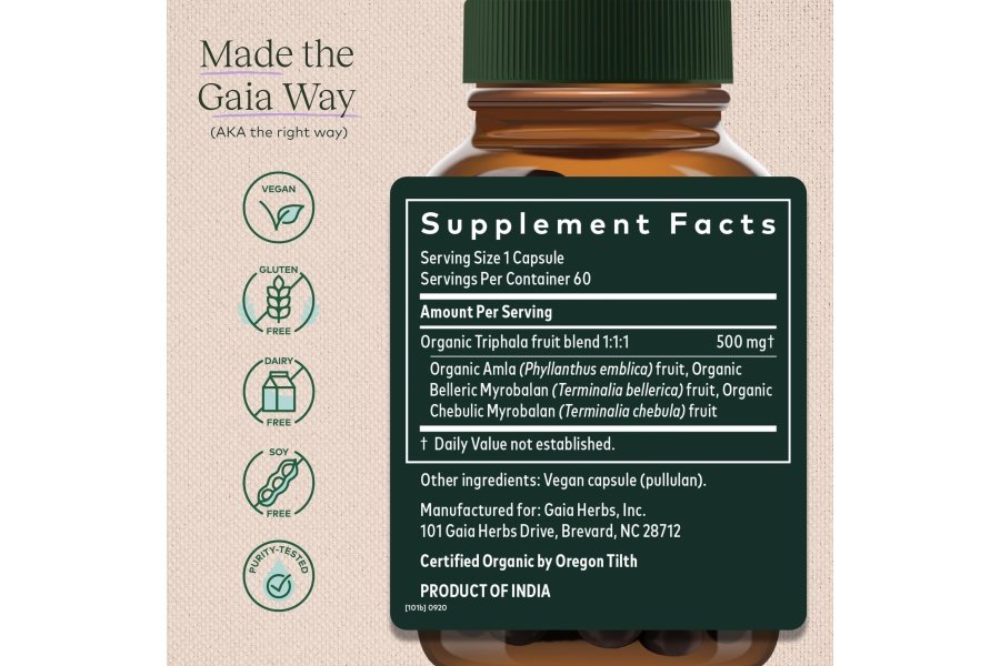 Gaia Herbs Triphala Fruit - Apoya la salud digestiva - Limpia suavemente su sistema* - con Amla Fruit, Belleric Myrobalan y Chebulic Myrobalan - 60 cápsulas veganas (suministro para 30 días) - Image 2