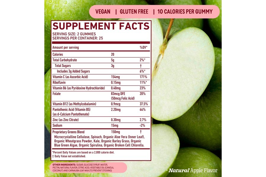 8Greens Daily Greens Gummies - Refuerzo de superalimento, energía y apoyo inmunológico, hecho con verdes reales, polvo verde, vitamina C, B12, espirulina - manzana, 50 unidades - Image 4