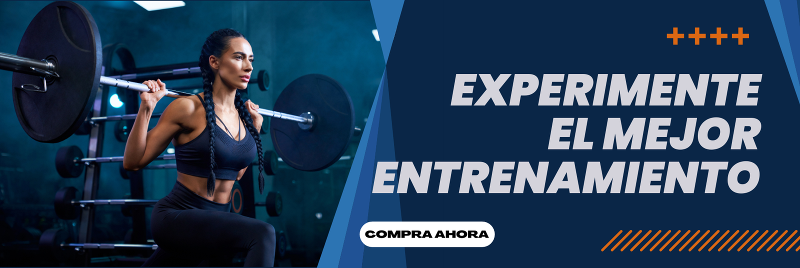 Una mujer en forma realizando una sentadilla con una barra en el gimnasio. El banner azul y blanco dice 'Experimente el mejor entrenamiento' con un botón de 'Compra Ahora'.